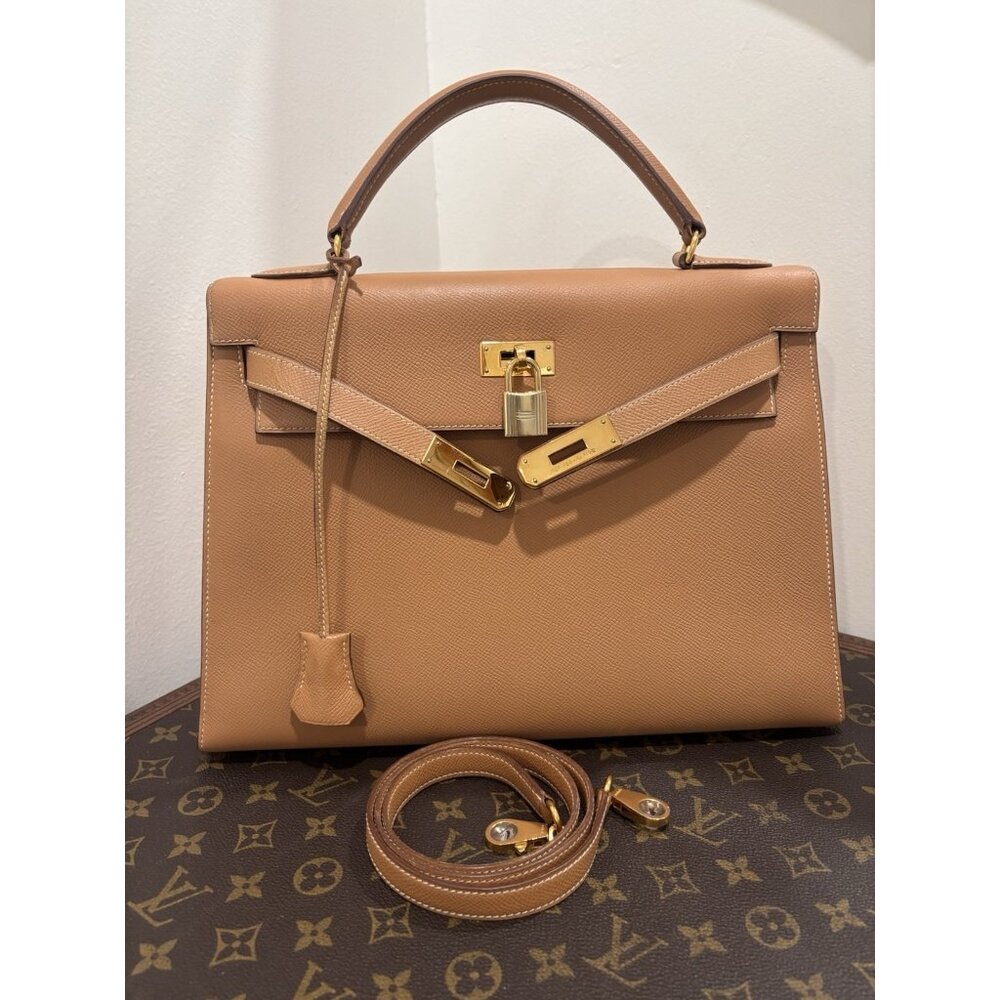 Authentic Hermès vintage KELLY 32 brown courchevel leather with strap